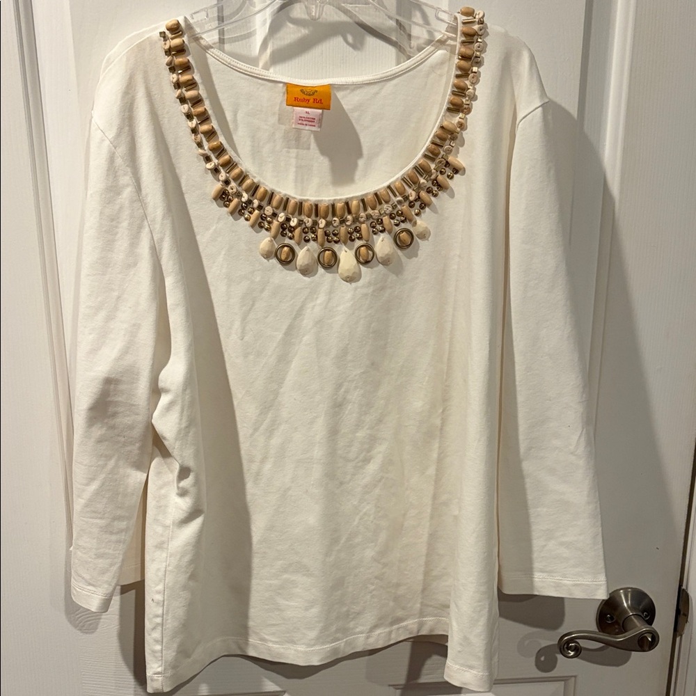 Ruby Rd. Cream Beaded 3/4 Sleeve Top
